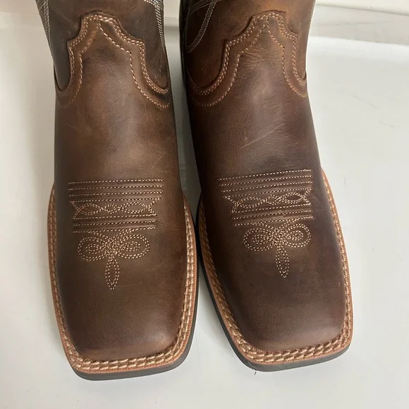 Ariat Brown Leather Round Up Western Wide Square Toe 11” Pull On Boots - Picture 2 of 10